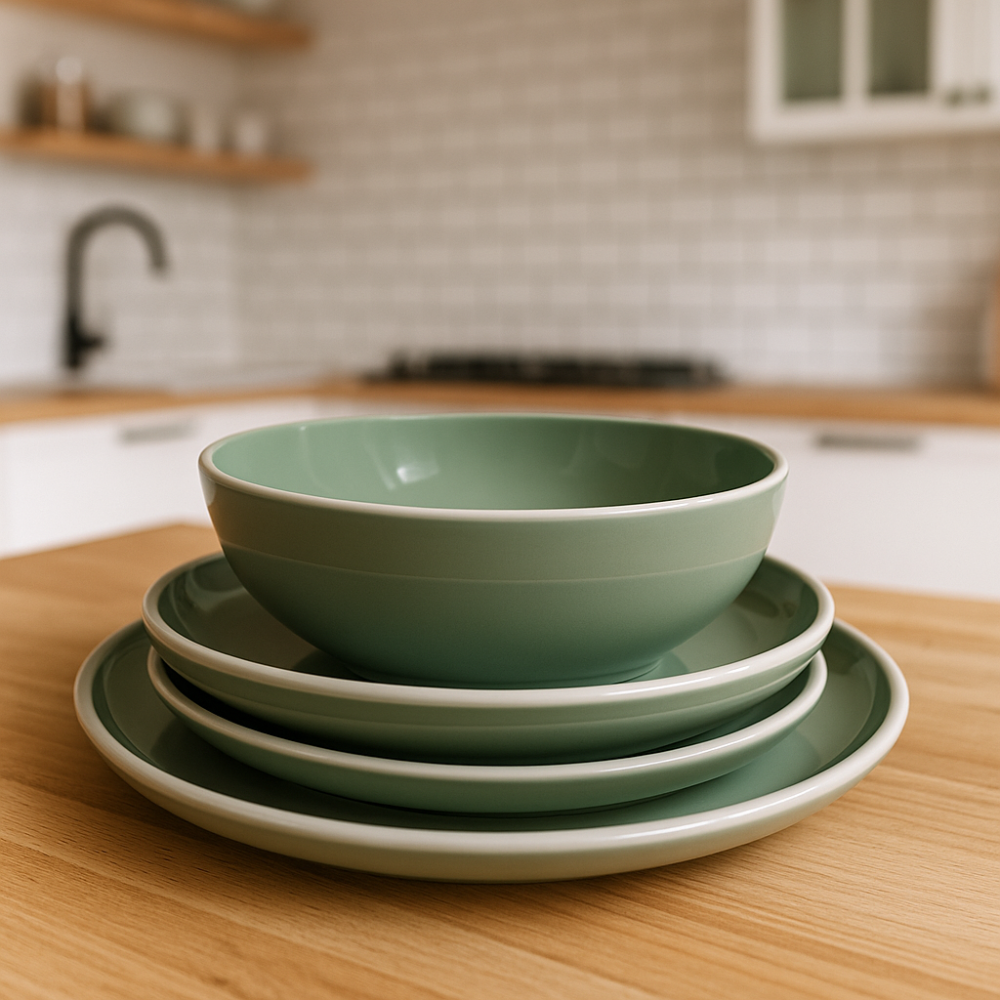 Set vesela 18 piese, pentru 6 persoane, Ceramica, design modern, culoare Verde, Bej [1]