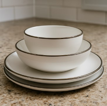 Set vesela ceramica 16 piese, Alb cu margine argintie, 26.5x20cm farfurie, 20cm bol pentru supa [1]