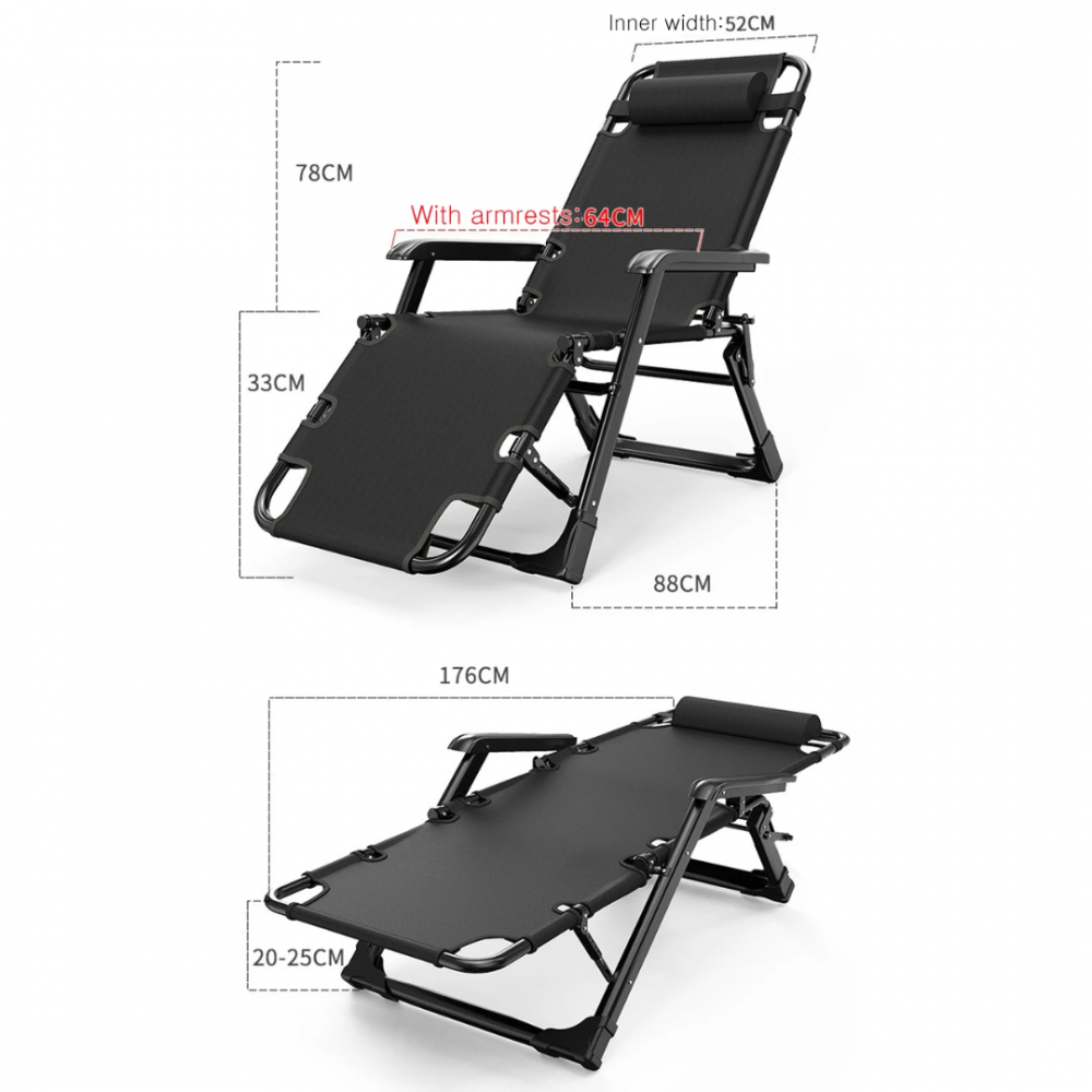 Sezlong/Scaun pliant pentru gradina/plaja/terasa, gravitatie zero, cu tetiere, 178x52 cm intins, Negru [4]