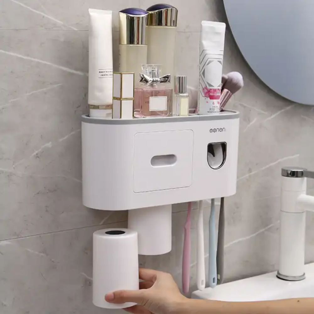 Suport pentru periuțele de dinți, cu dispenser pastă de dinți și 2 pahare, Alb [6]