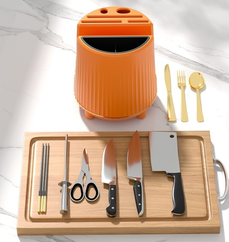 Suport pentru tacamuri din plastic, suport rotativ 360 grade, organizator multifunctional pentru ustensile de bucatarie, 21x 20 x21.5cm, Portocaliu [3]