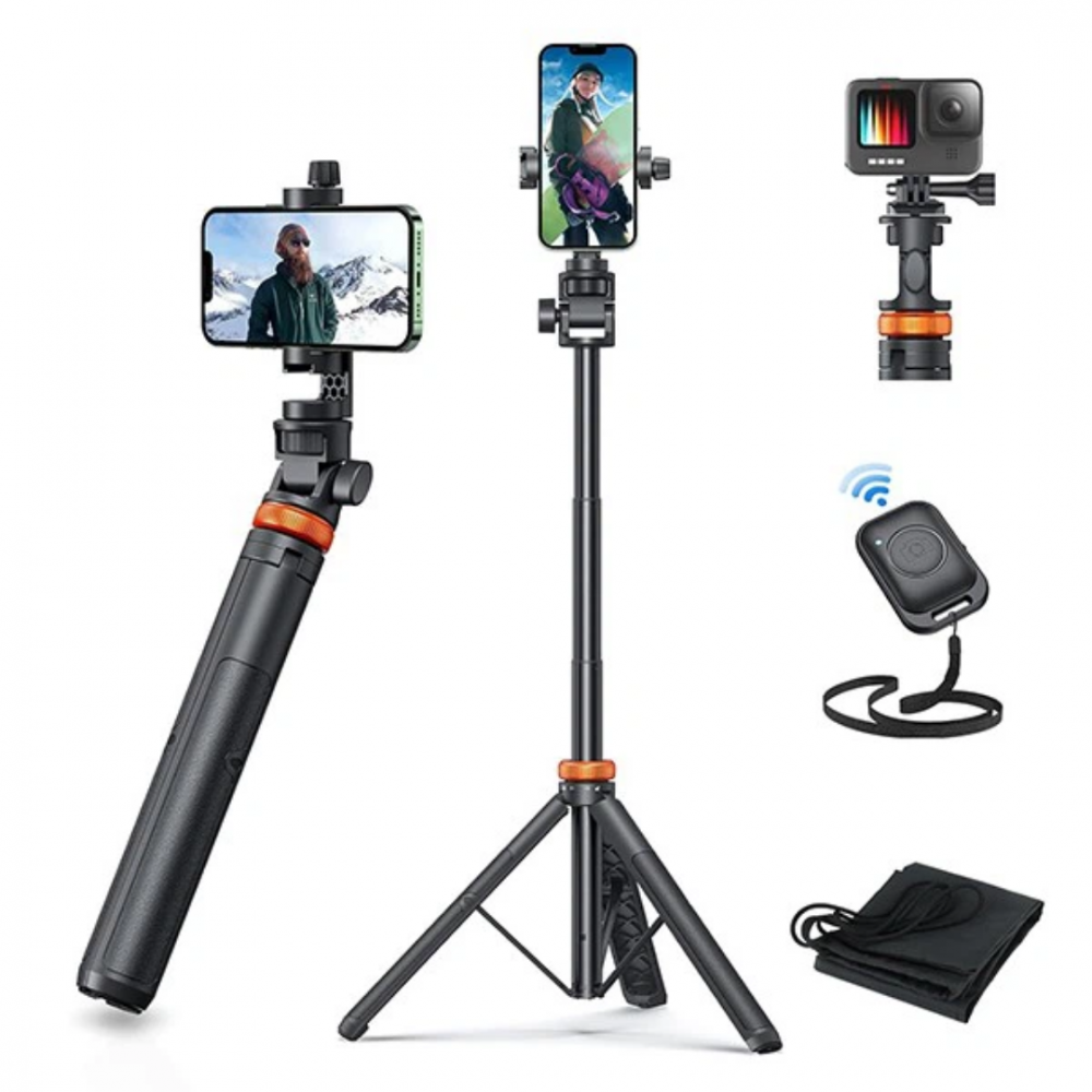 Trepied foto 2 în 1 pentru telefon, cameră și GoPro, telescopic cu telecomandă și husă, culoare negru [3]