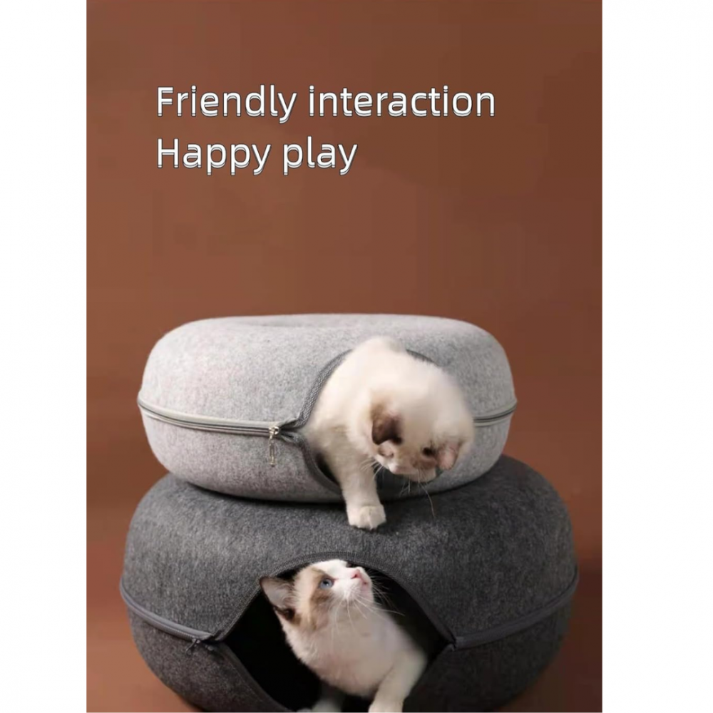Tunel pliabil 2-in-1 din pâslă pentru pisici, formă circulară, material rezistent cu fermoar, mărime L, gri [6]