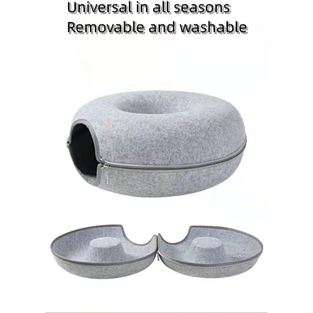 Tunel pliabil 2-in-1 din pâslă pentru pisici, formă circulară, material rezistent cu fermoar, mărime L, gri [4]