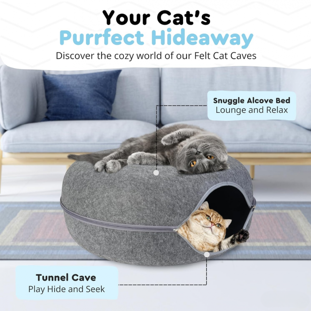 Tunel pliabil 2-in-1 din pâslă pentru pisici, formă circulară, material rezistent cu fermoar, mărime L, gri închis [5]