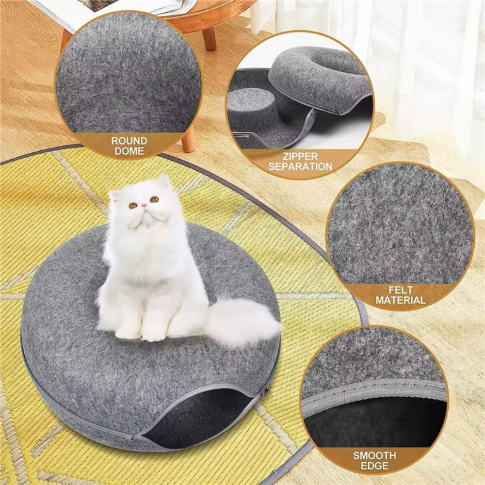 Tunel pliabil 2-in-1 din pâslă pentru pisici, formă circulară, material rezistent cu fermoar, mărime L, gri închis [7]