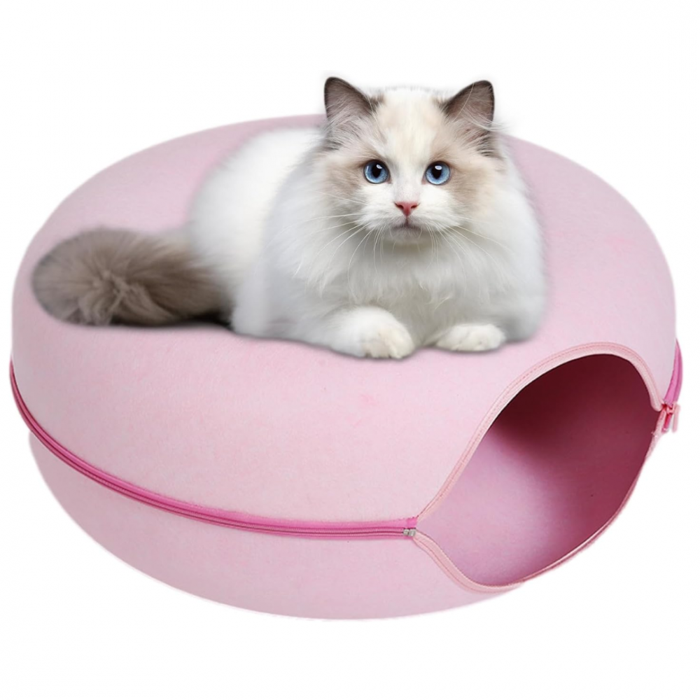 Tunel pliabil 2-in-1 din pâslă pentru pisici, formă circulară, material rezistent cu fermoar, mărime L, roz [7]
