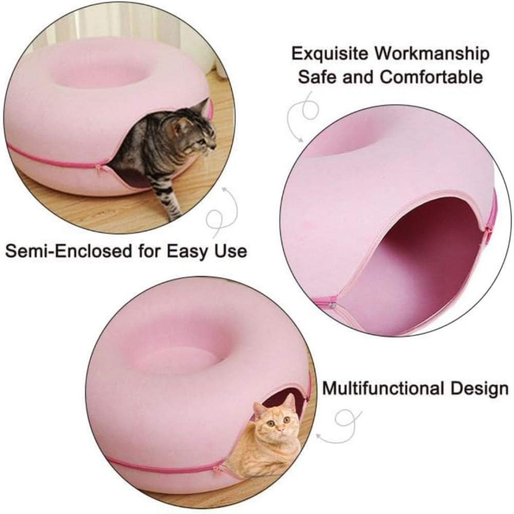 Tunel pliabil 2-in-1 din pâslă pentru pisici, formă circulară, material rezistent cu fermoar, mărime L, roz [4]
