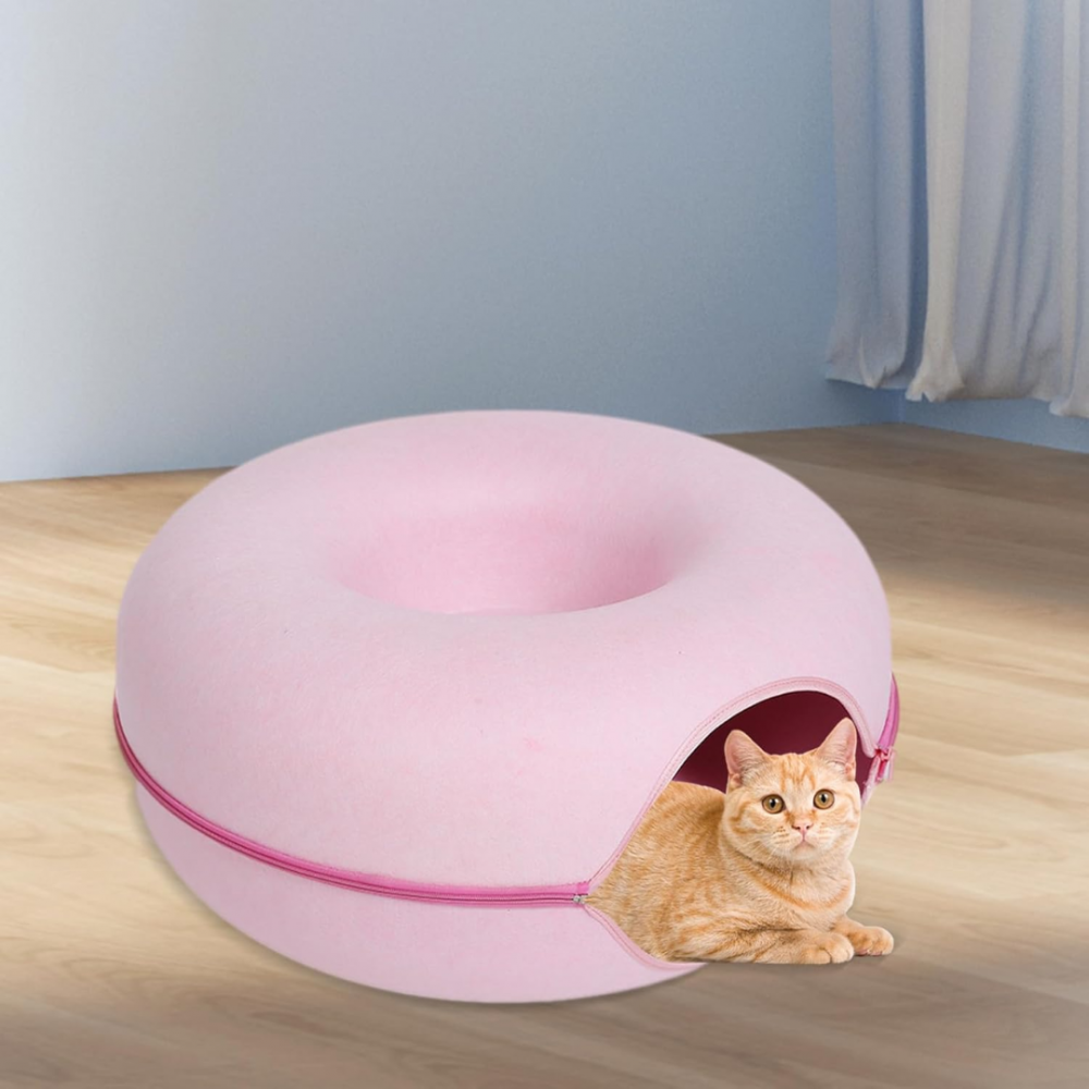 Tunel pliabil 2-in-1 din pâslă pentru pisici, formă circulară, material rezistent cu fermoar, mărime L, roz [2]