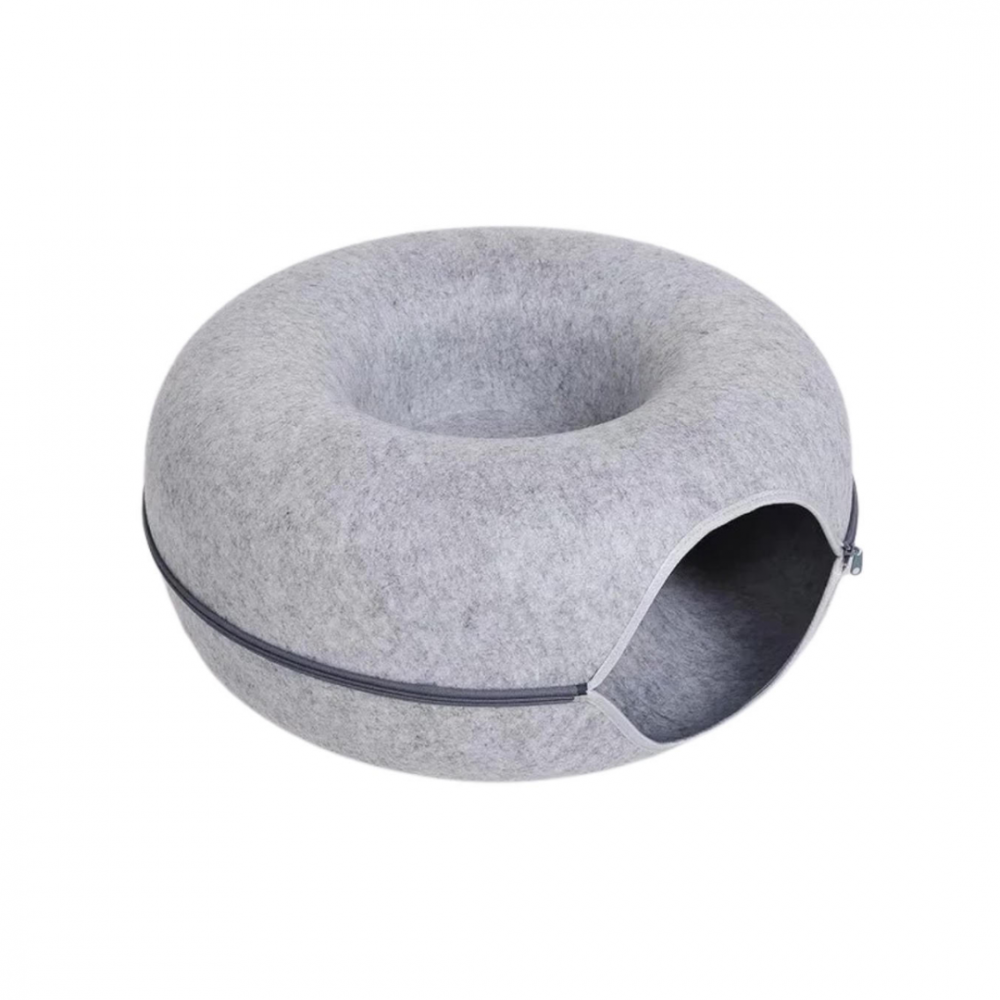 Tunel pliabil 2-in-1 din pâslă pentru pisici, formă circulară, material rezistent cu fermoar, mărime S, gri [1]