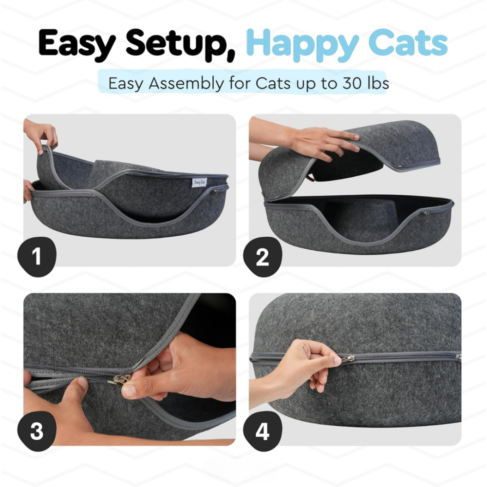 Tunel pliabil 2-in-1 din pâslă pentru pisici, formă circulară, material rezistent cu fermoar, mărime S, gri închis [4]