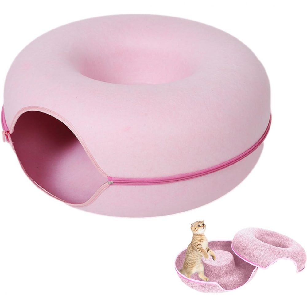 Tunel pliabil 2-in-1 din pâslă pentru pisici, formă circulară, material rezistent cu fermoar, mărime S, roz [3]