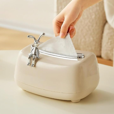 Cutie depozitare șervețele cosmetice, cu accesoriu detașabil iepuraș, Bej [2]