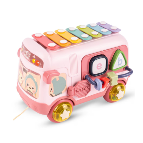 Jucării educative - Autobuz cu xilofon și carusel de jucării, Roz