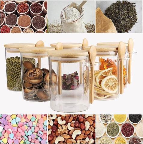 Borcan pentru depozitare, din sticla cu capac ermetic din bambus si lingurita,80x100 [2]