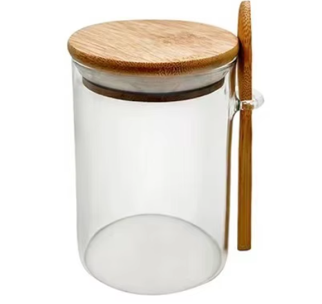 Cutii Alimente - Borcan pentru depozitare, din sticla pentru depozitare cu capac ermetic din bambus si lingurita, 80x120cm