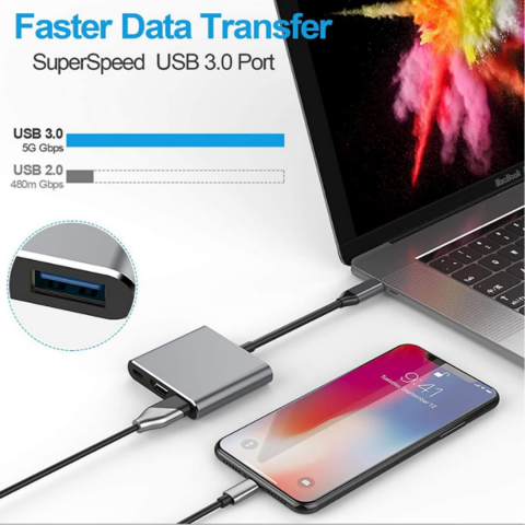Hub USB-C 3 în 1 (USB 3.0, USB-C, HDMI), gri [3]