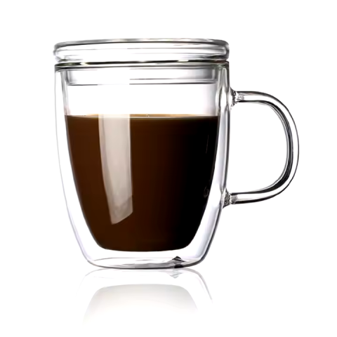 Ustensile pentru Băuturi - Cana pentru cafea, transparenta, cu capac, perete dublu, capacitate 350ml