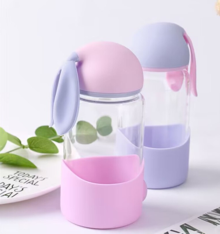 Cana/Sticla de apa cu capac tip ureche si baza din silicon, design pastel, mov-lila [2]