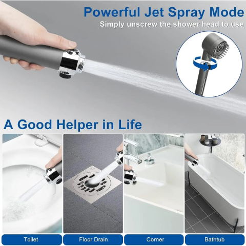 Cap de duș cu perie de masaj și 3 moduri de presiune, gri metalic [3]