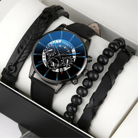 Ceas bărbătesc cu 3 brățări, rezistent la apă, negru/albastru [2]