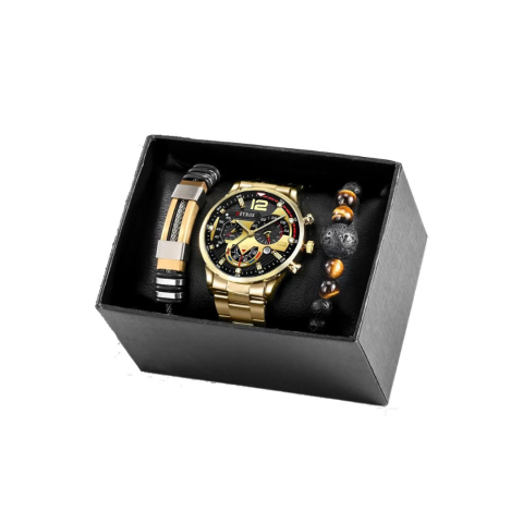 Ceas bărbătesc elegant din oțel inoxidabil cu două brățări, auriu [3]