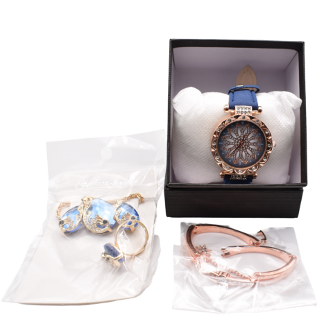 Ceas damă cu set bijuterii aurii și albastre [1]