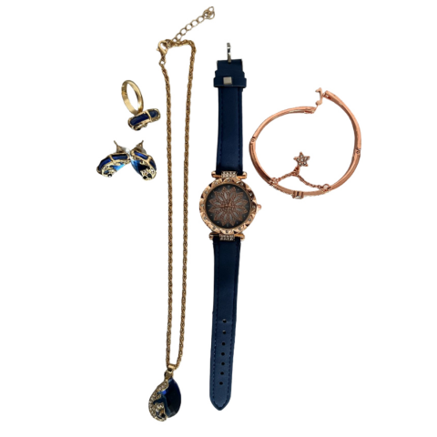 Damă - Ceas damă cu set bijuterii aurii și albastre