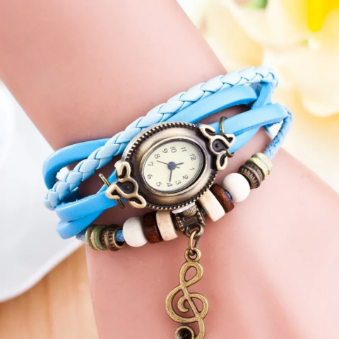 Ceas damă vintage cu brățară din piele ecologică, Bleu [1]