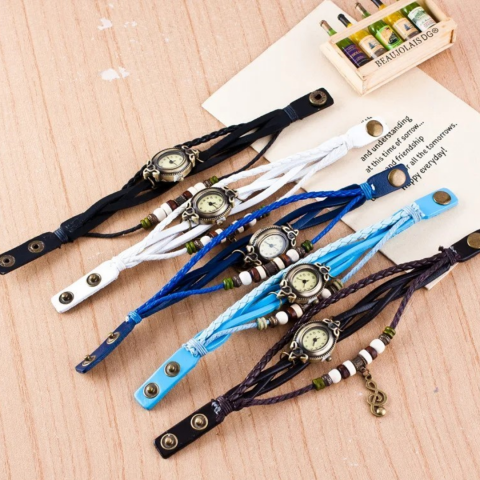 Ceas damă vintage cu brățară din piele ecologică, Bleu [3]