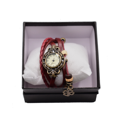 Damă - Ceas damă vintage cu brățară din piele ecologică, Burgundy