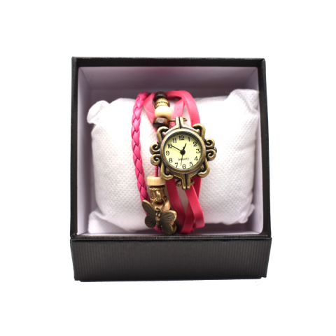 Damă - Ceas damă vintage cu brățară din piele ecologică, Fucsia