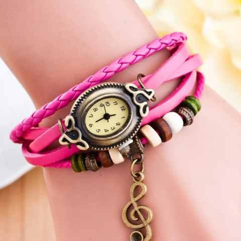 Ceas damă vintage cu brățară din piele ecologică, Fucsia [1]