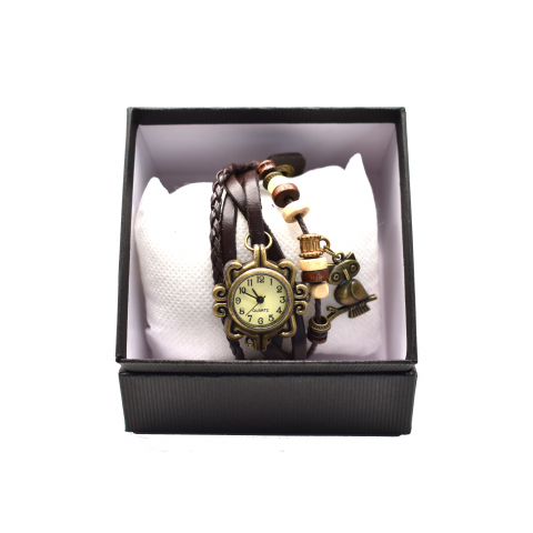 Damă - Ceas damă vintage cu brățară din piele ecologică, Maro