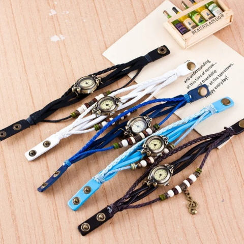 Ceas damă vintage cu brățară din piele ecologică, Negru [1]