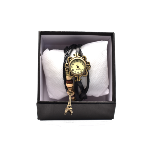 Damă - Ceas damă vintage cu brățară din piele ecologică, Negru