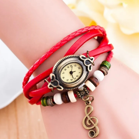 Ceas damă vintage cu brățară din piele ecologică, Roșu [1]