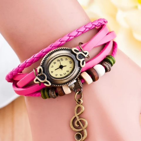 Ceas damă vintage cu brățară din piele ecologică, Roz [1]