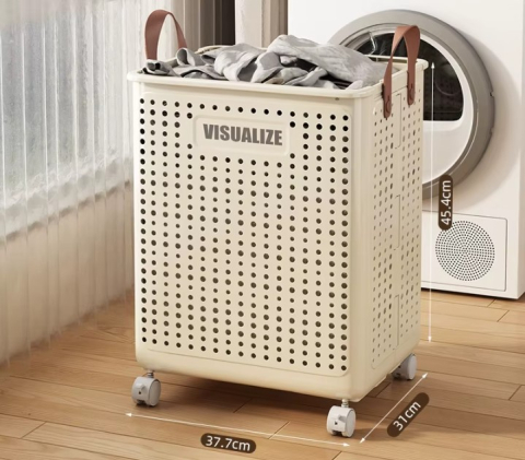 Baie - Cos pentru rufe cu roti, pliabil, Marimea M, 45 x 37 x 31 cm, Crem