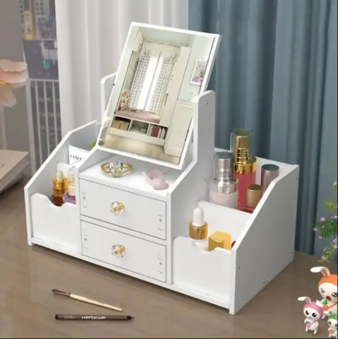 Organizare și Depozitare - Cutie bijuterii si accesorii machiaj, oglinda dreptunghiulara, Alb