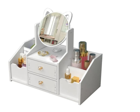 Depozitare și Organizare - Cutie bijuterii si accesorii machiaj, oglinda rotunda, Alb