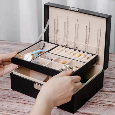 Cutie organizare bijuterii din piele ecologică, cu 2 compartimente, cu încuietoare, Negru [2]