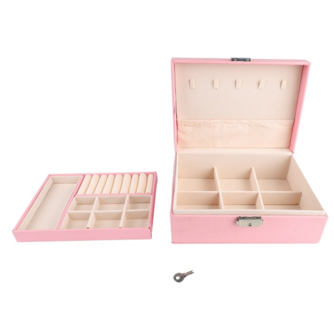 Cutie organizare bijuterii din piele ecologică, cu 2 compartimente, cu încuietoare, Roz [1]