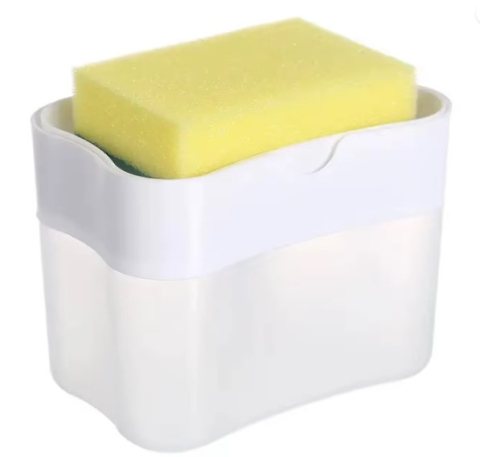 Baie - Dozator 2 in 1, suport pentru burete si dozator detergent vase, actionare prin apasare, Alb