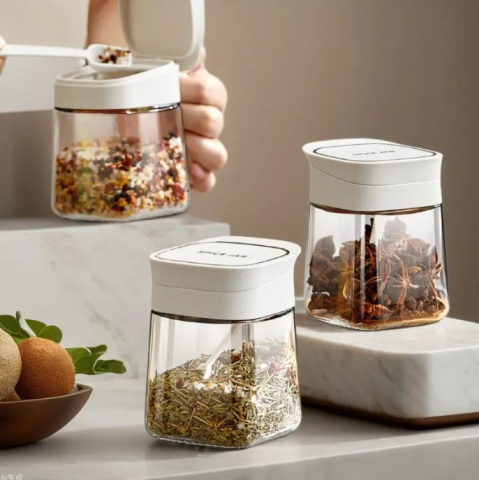 Dozator pentru condimente din sticla cu capac etans si lingurita din plastic, capacitate 300 ml Culoare transparent si capac, Alb [4]