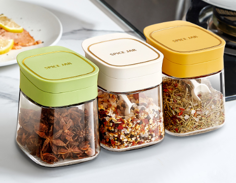 Dozator pentru condimente din sticla cu capac etans si lingurita din plastic, capacitate 300 ml Culoare transparent si capac, Alb [3]