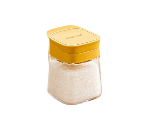 Gătit - Dozator pentru condimente din sticla cu capac etans si lingurita din plastic, capacitate 300 ml Culoare transparent si capac galben