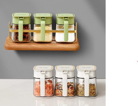 Dozator pentru condimente din sticla cu capac etans si lingurita din plastic, capacitate 300 ml Culoare transparent si capac, Verde [4]