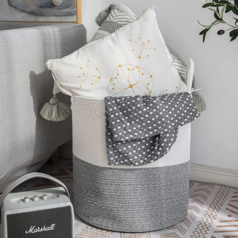 Coș depozitare din sfoară de bumbac, Alb/Gri [3]