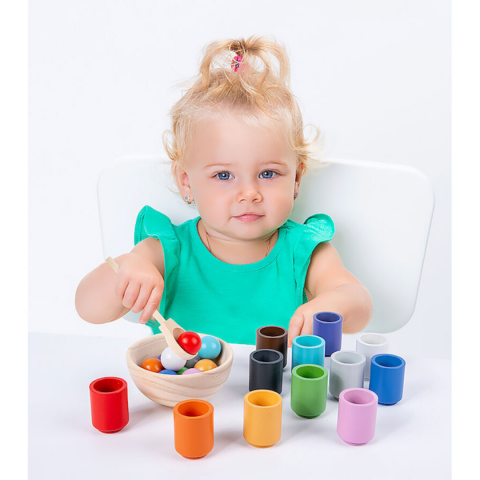 Jucărie din lemn tip Montessori, cu 12 cupe și bile [3]